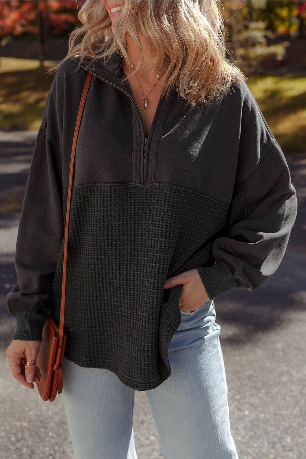 Collared Waffle Knit Zipper Sweatshirt