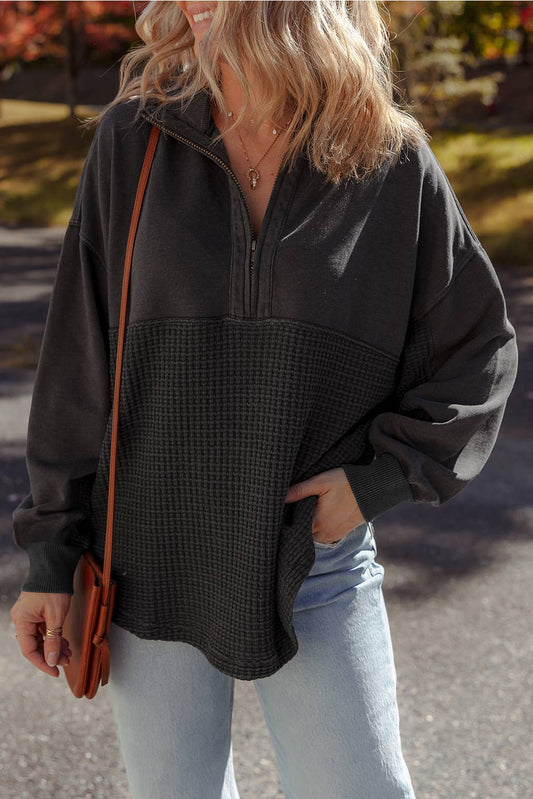 Collared Waffle Knit Zipper Sweatshirt