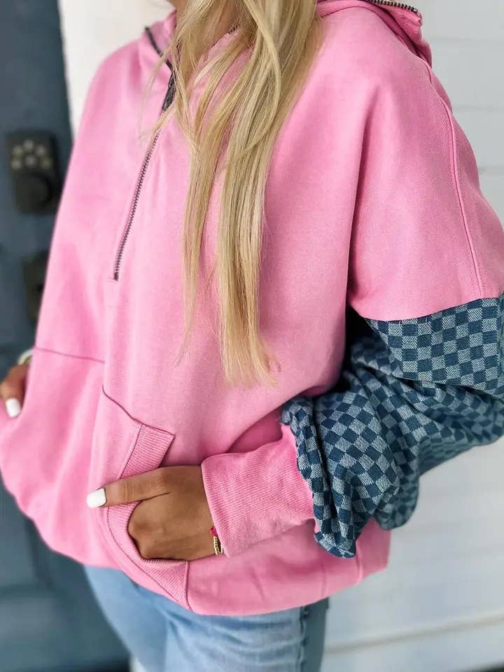 Checkered Patchwork Half Zip Hoodie