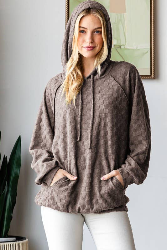 Checkered knit hoodie top