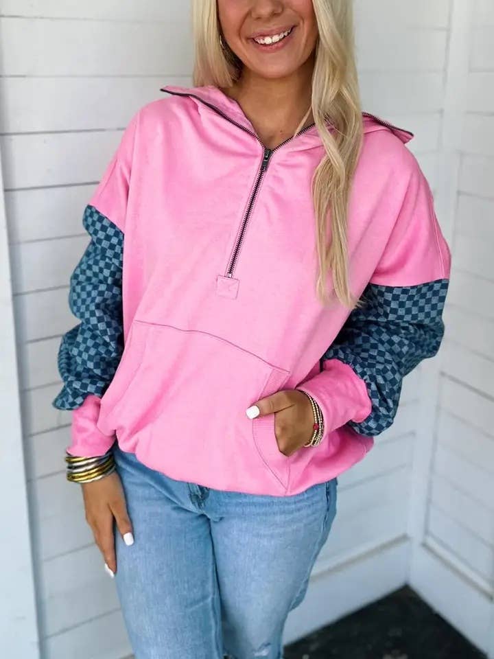 Checkered Patchwork Half Zip Hoodie