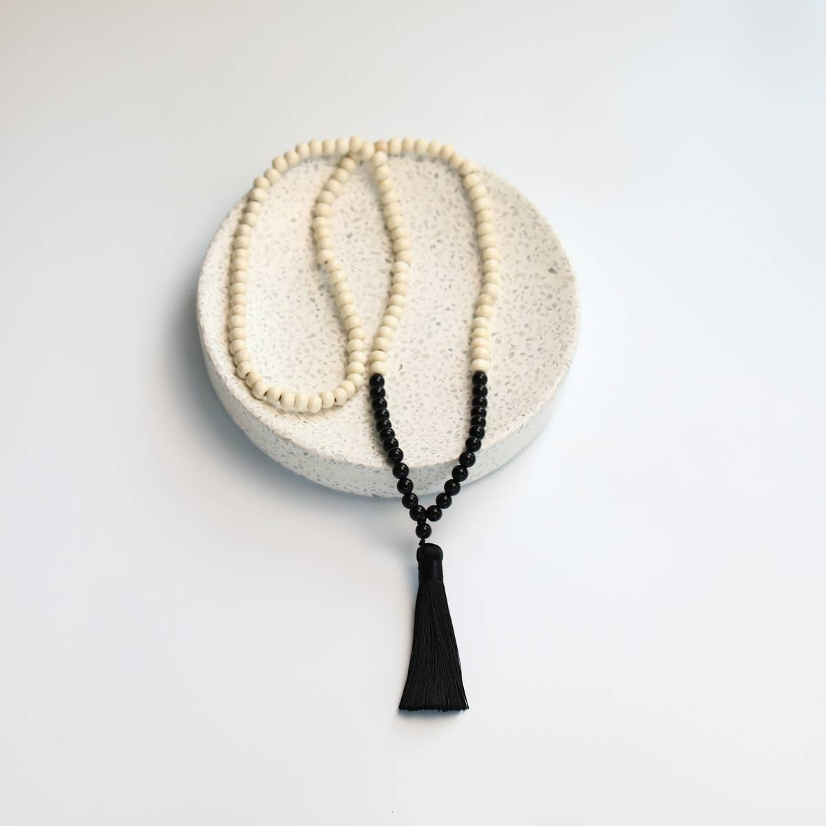 Boho Vibe Wood Bead & Tassel Necklace Black & Cream