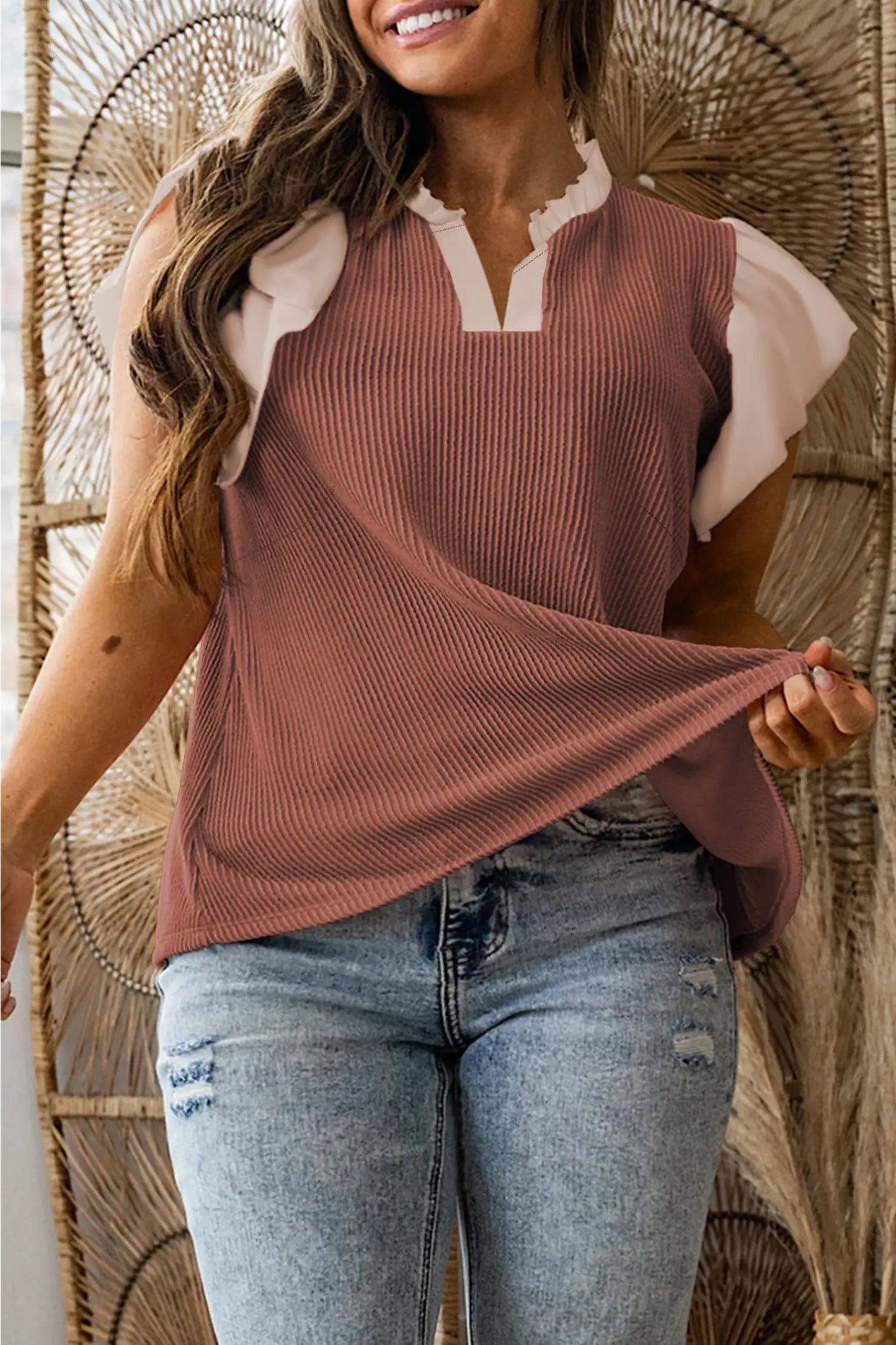 Mauve Frilled Neckline Ruffled Sleeve Plus