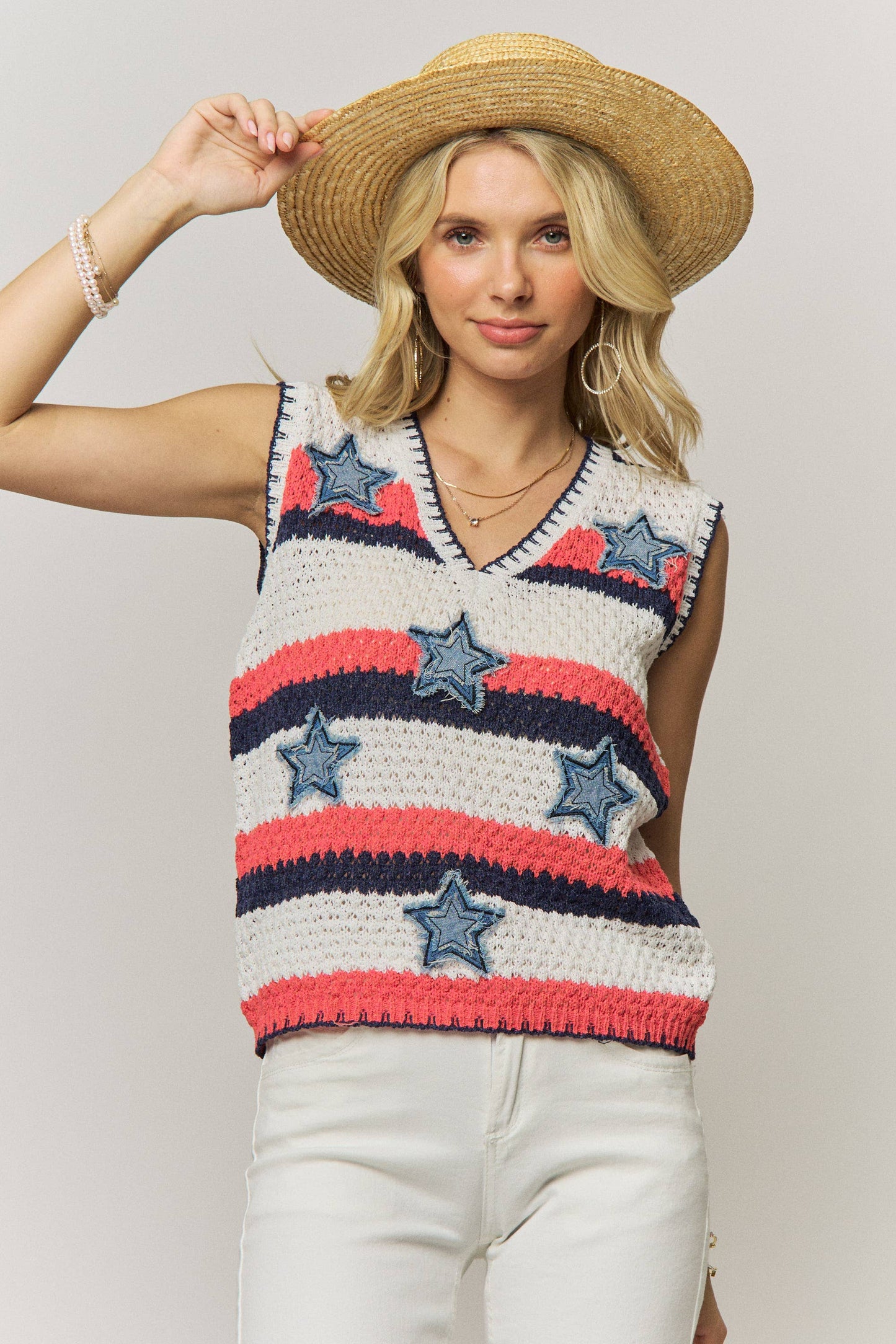 Striped star knit sleeveless top