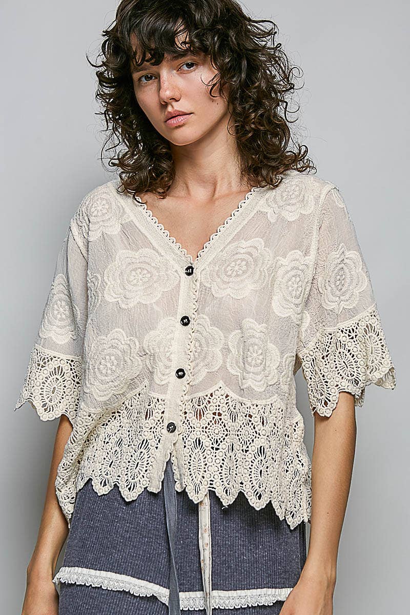 Crochet Trim Short Sleeve Top