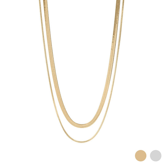 18K Gold Herringbone and Snake Layered Necklace