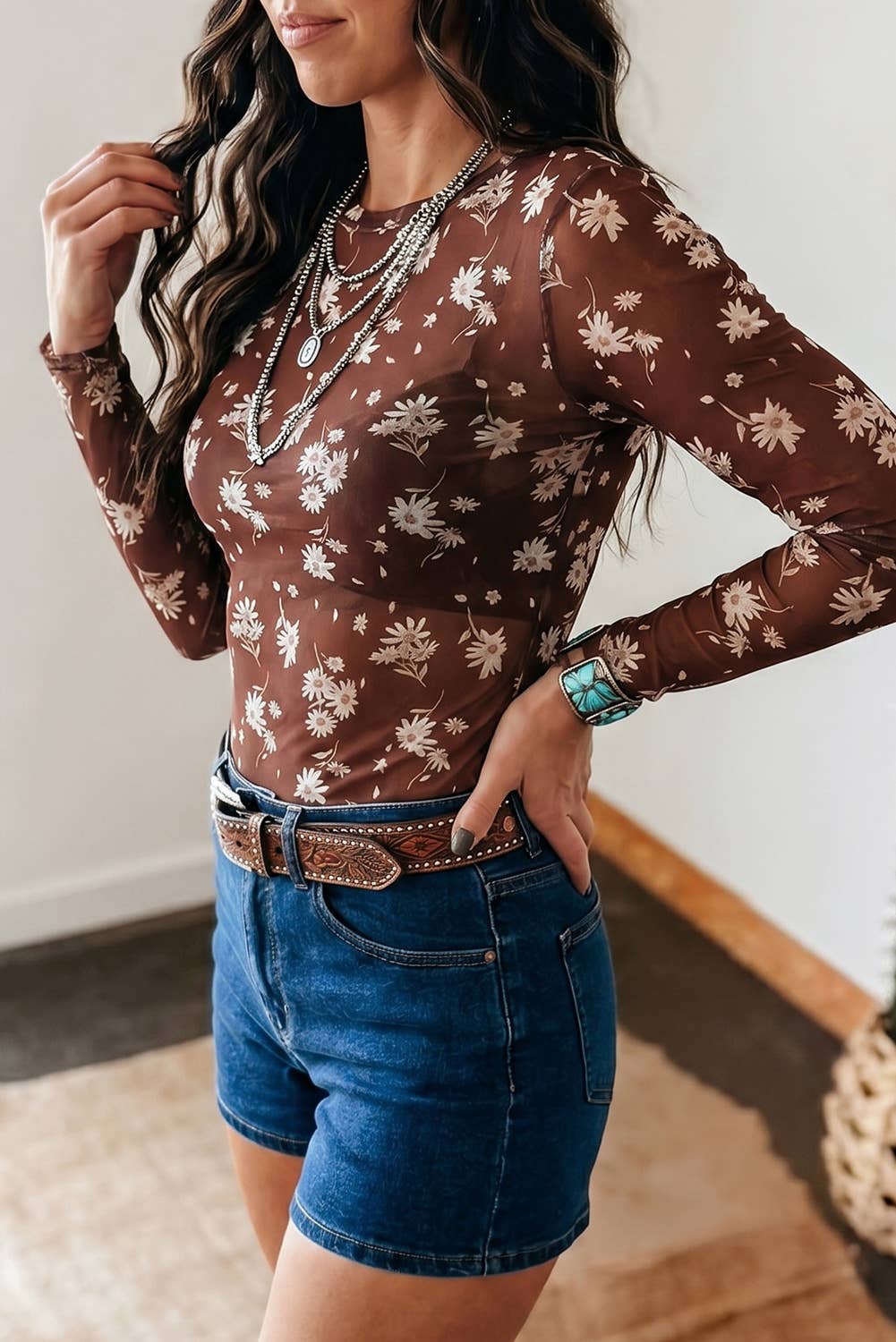 Floral Print Sheer Mesh Top