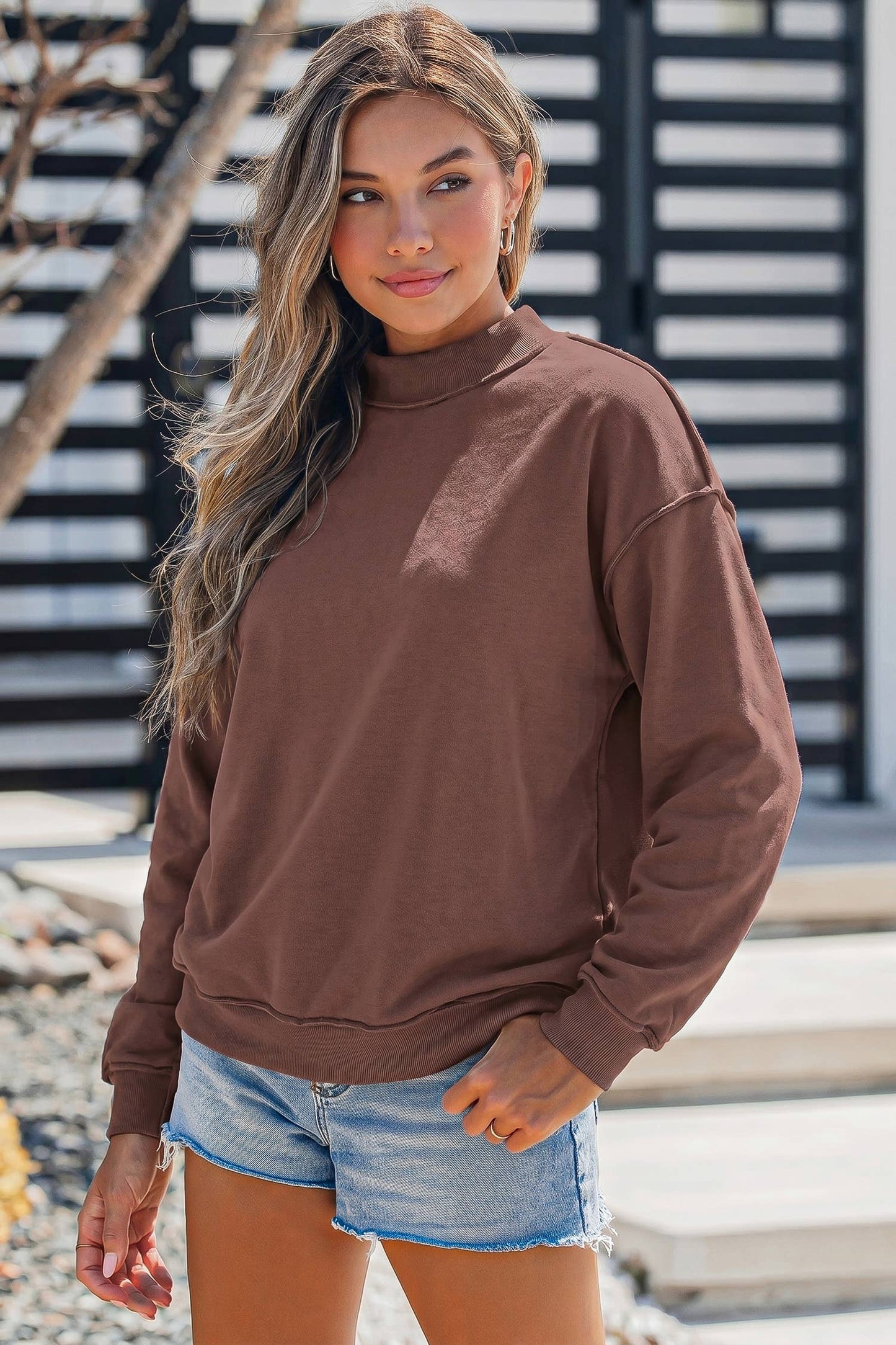 Oversize Drop Shoulder Reversible Mock Neck Sweatshirt S-4X