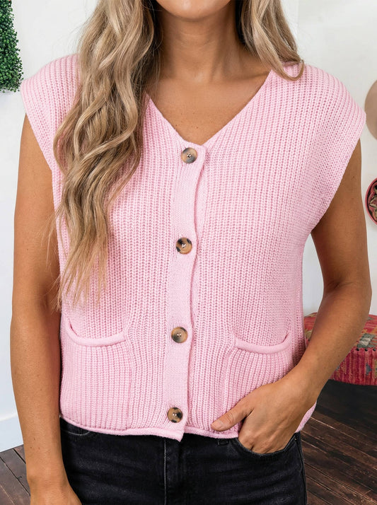 Knit V Neck Button Front Sweater Vest