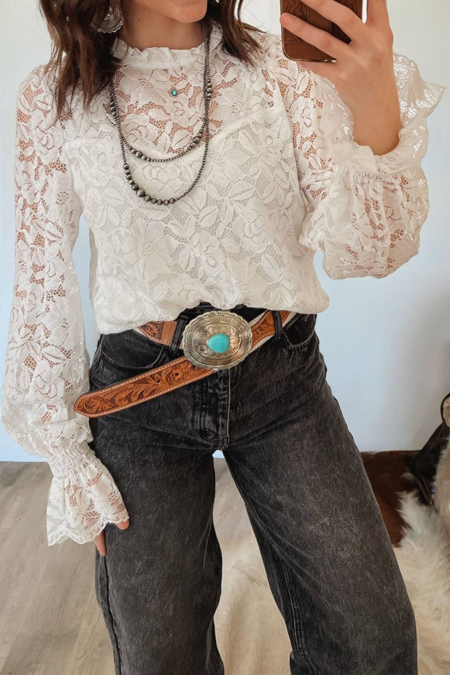 Ruffled Sleeve Sheer Lace Blouse