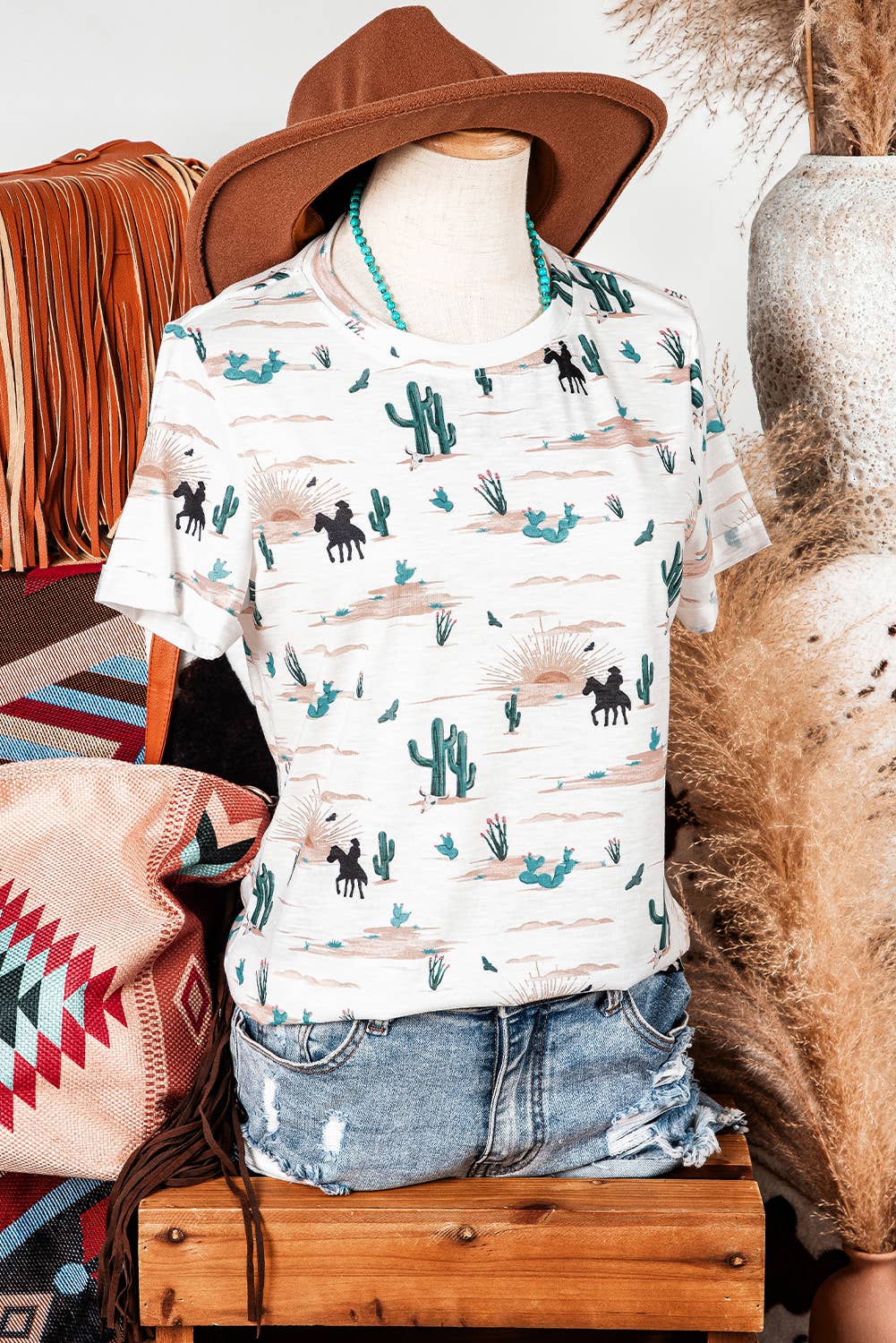 Western Cactus Print Short Sleeve Top