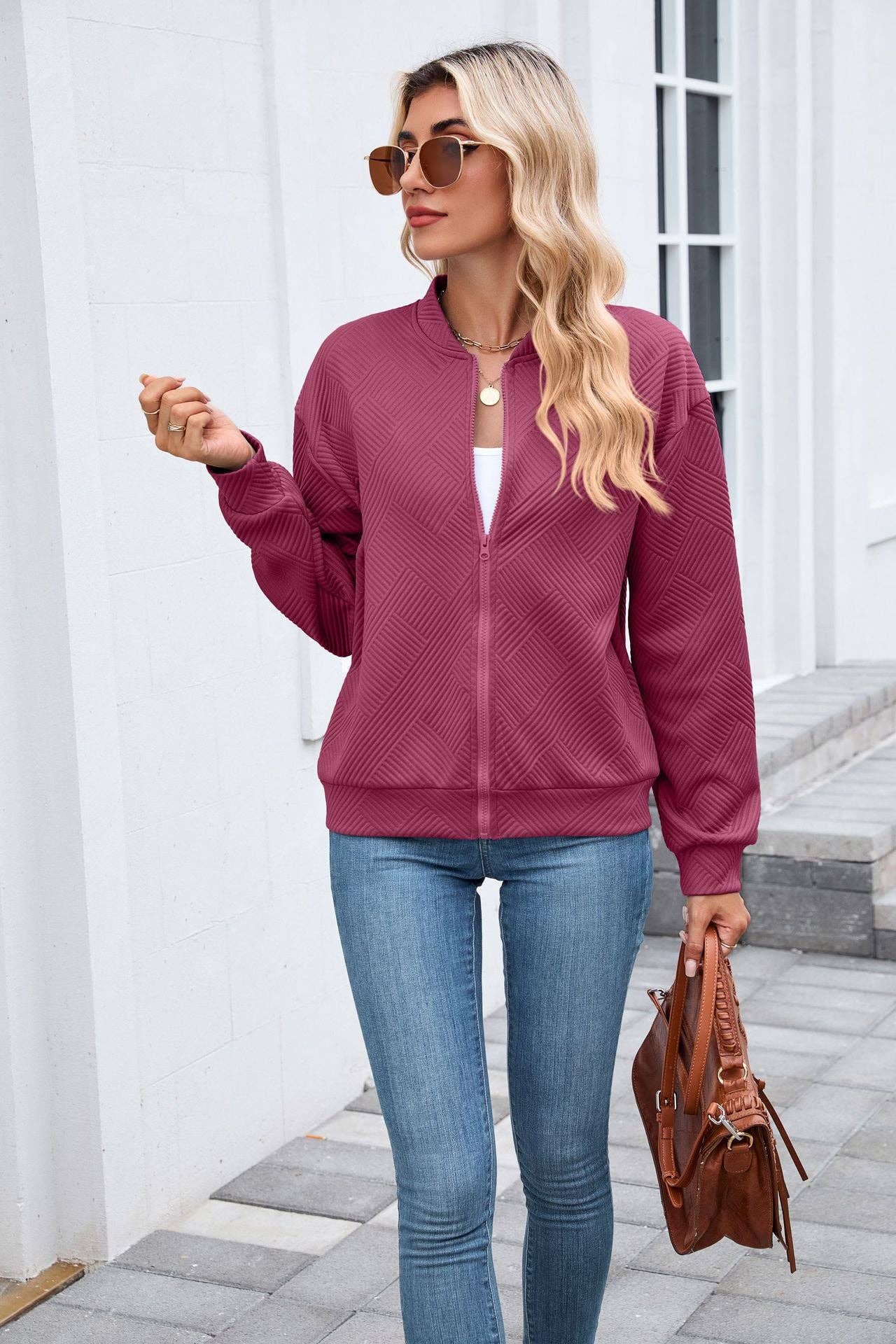 Quilted Zip-Up Bomber Jacket | Casual Long Sleeve Sweatshirt