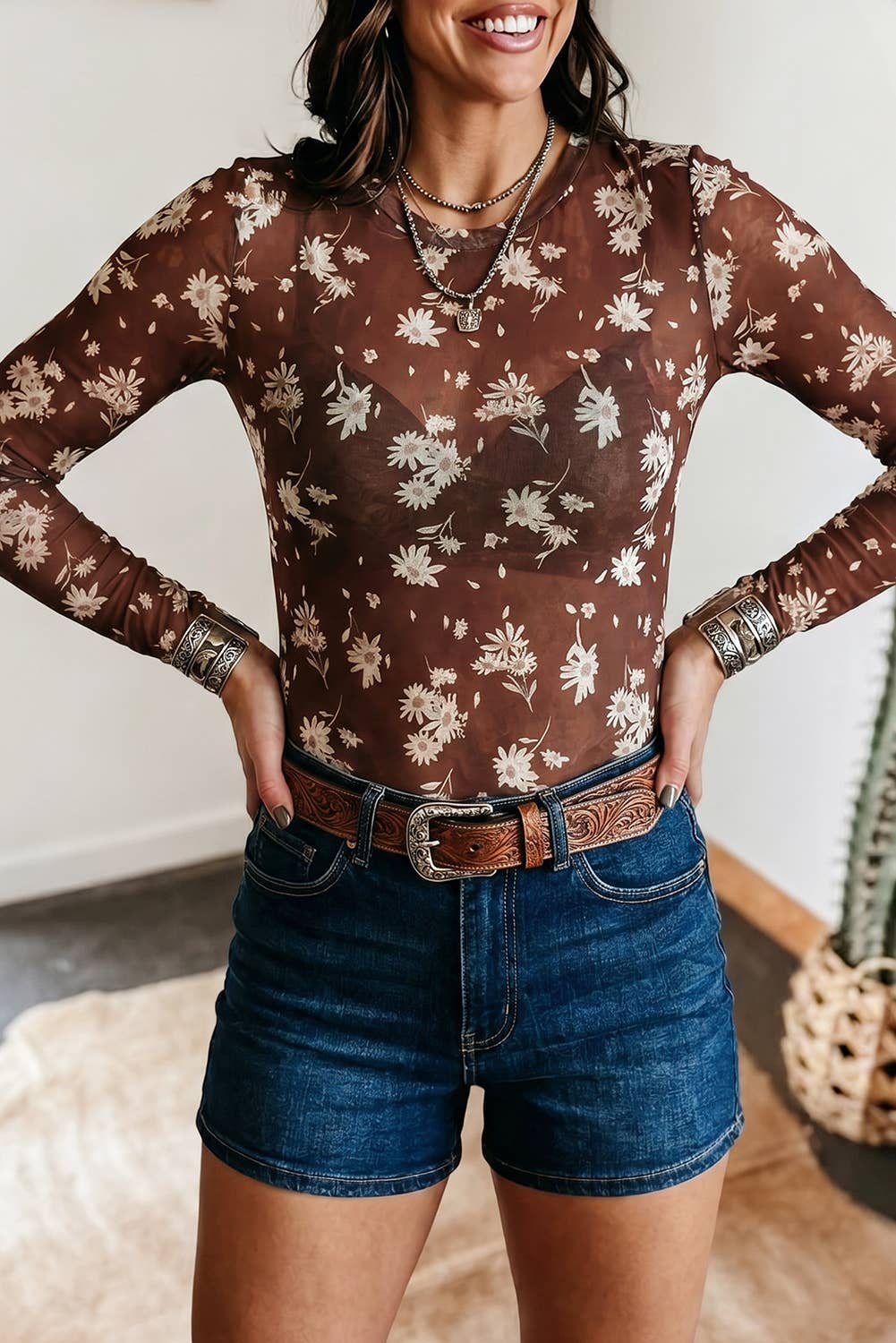 Floral Print Sheer Mesh Top