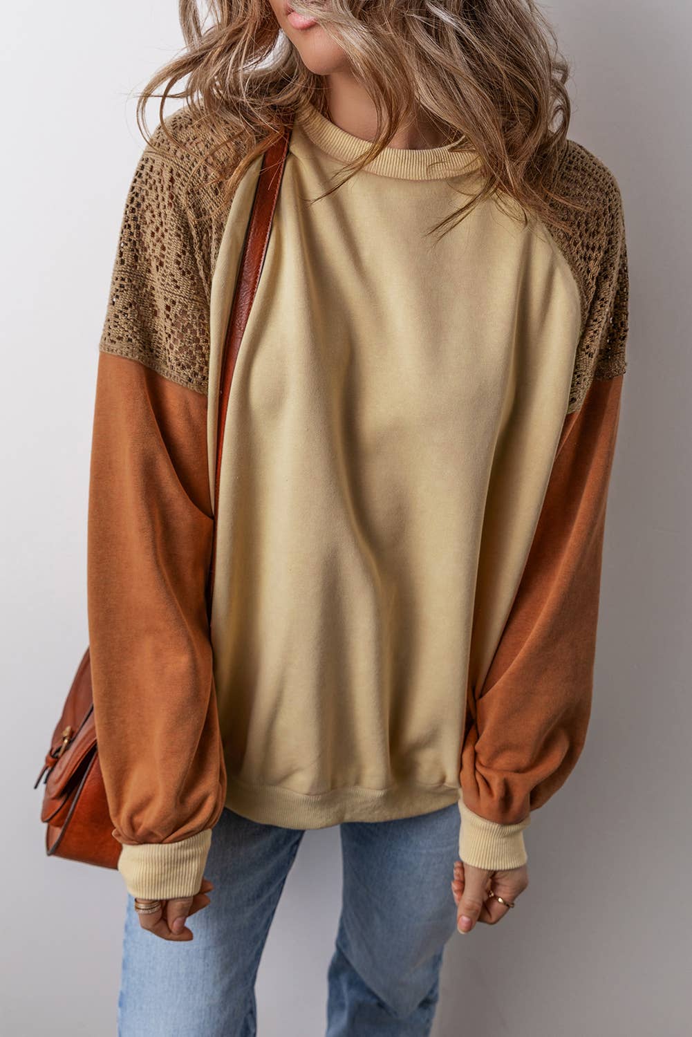 Khaki Lace Patchwork Colorblock Sweatshirt
