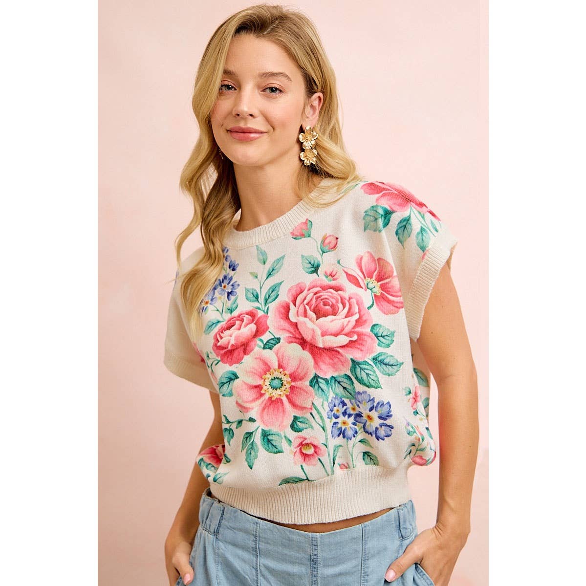 Floral artwork printed short sleeve sweater