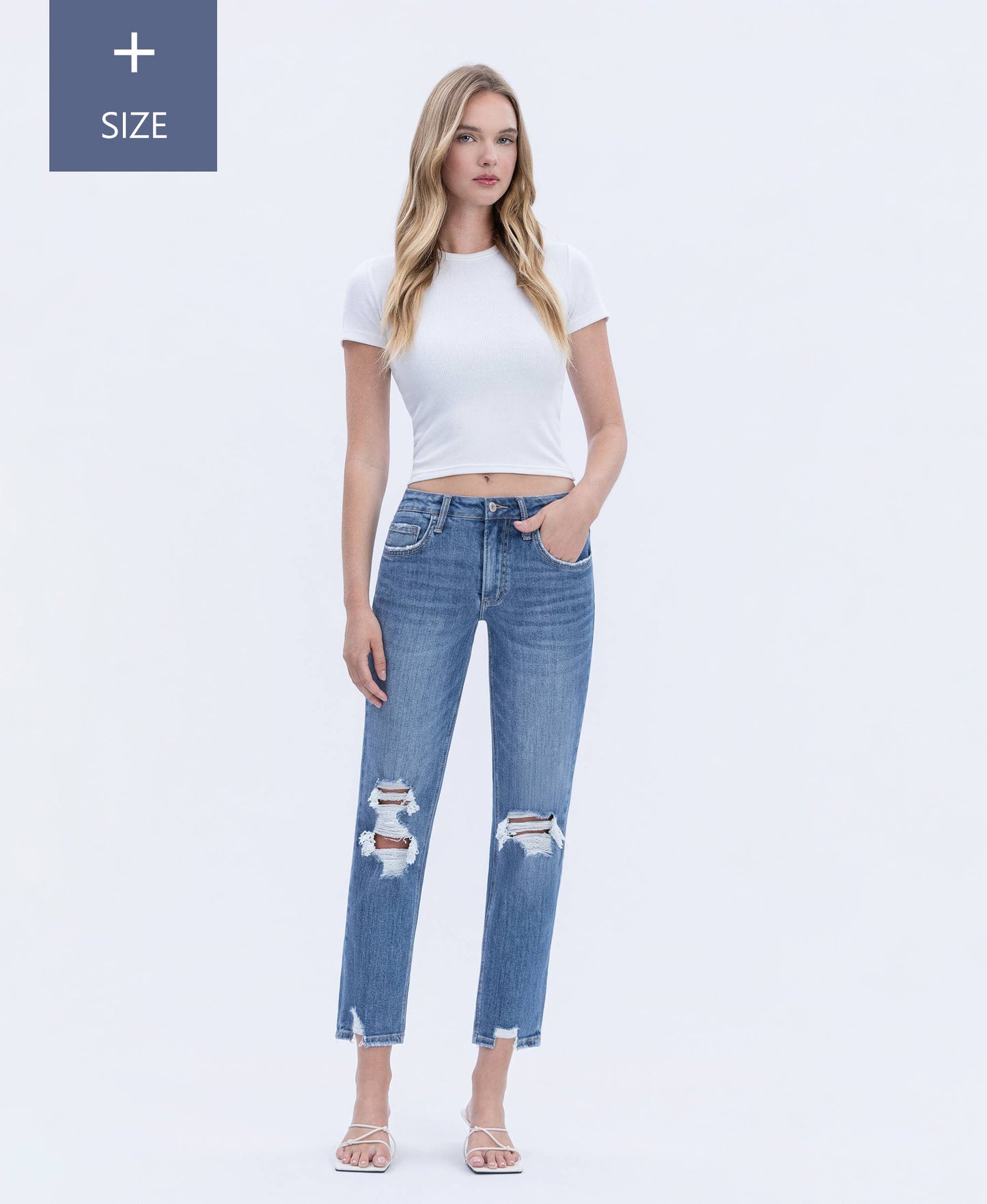 Plus Tummy Control Distressed High Rise Boyfriend Jeans