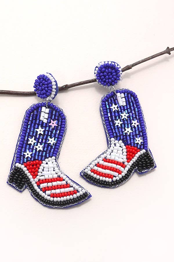 4TH OF JULY SEEDBEAD BOOT FLAG DROP EARRINGS