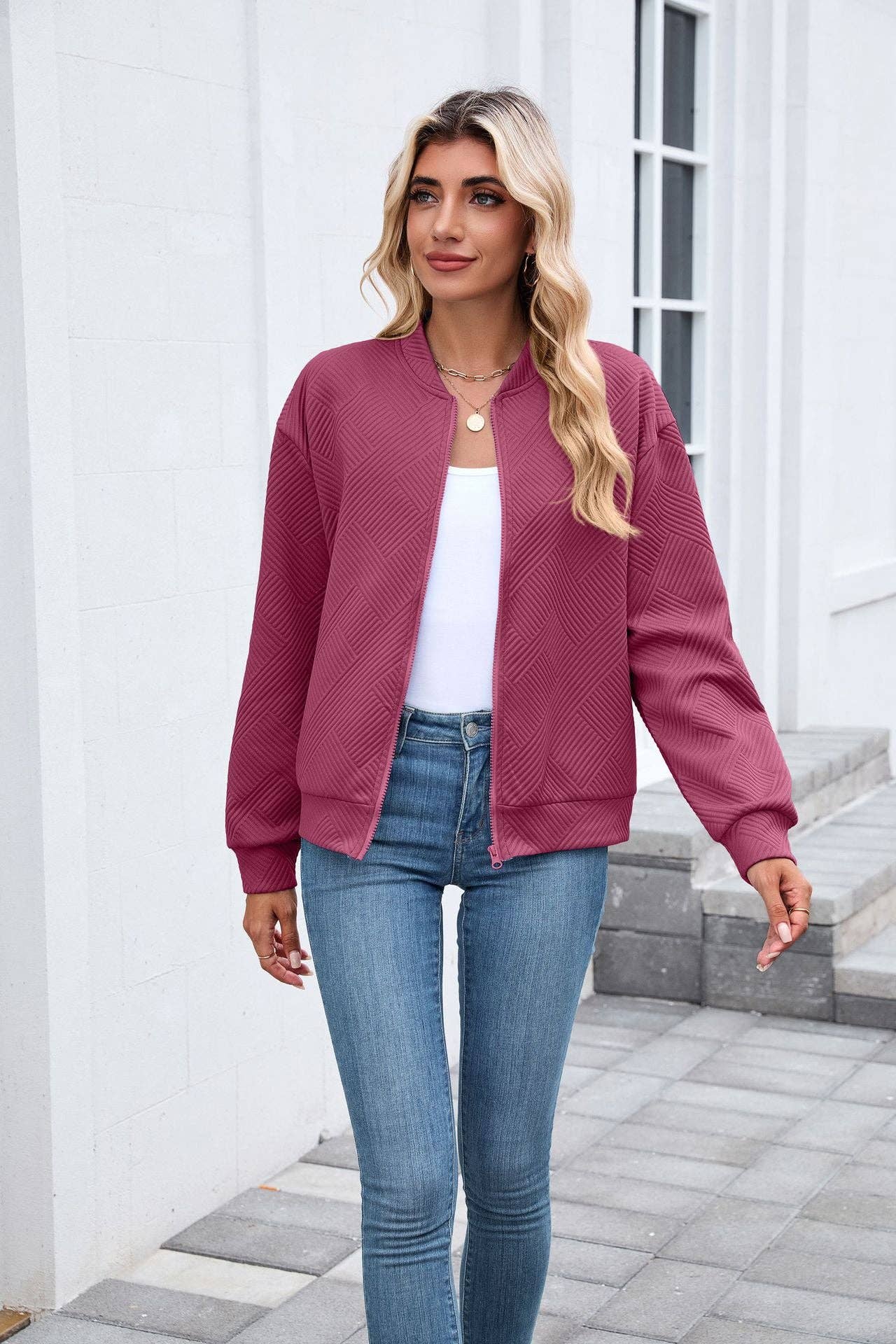 Quilted Zip-Up Bomber Jacket | Casual Long Sleeve Sweatshirt