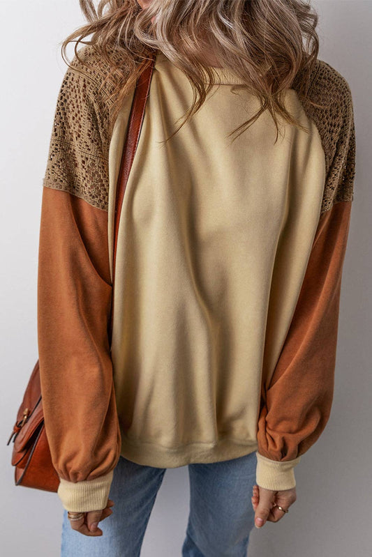 Khaki Lace Patchwork Colorblock Sweatshirt