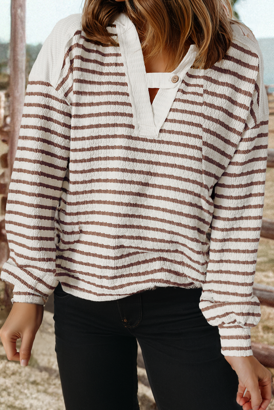 Brown Stripe Textured Hooded Top