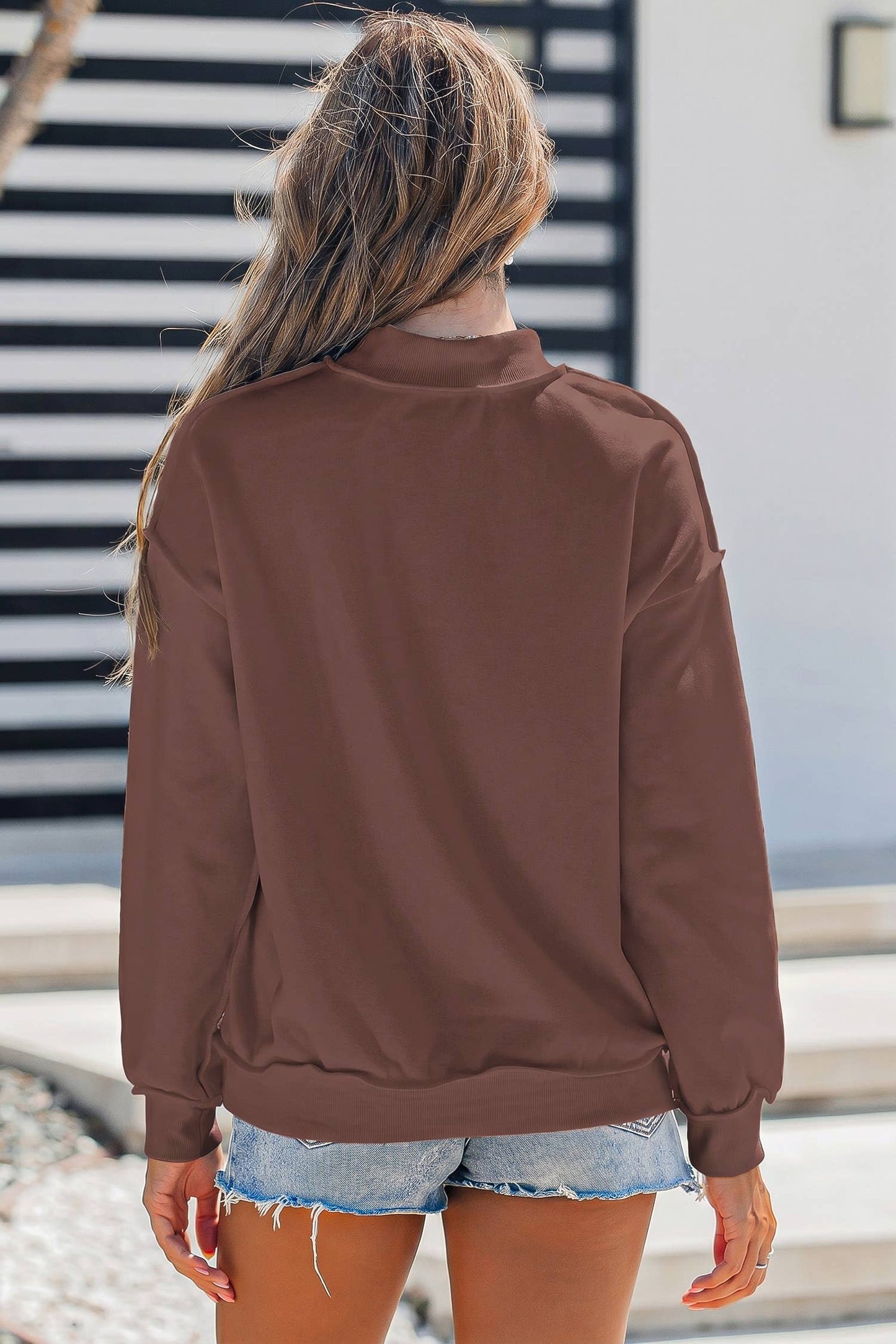 Oversize Drop Shoulder Reversible Mock Neck Sweatshirt S-4X