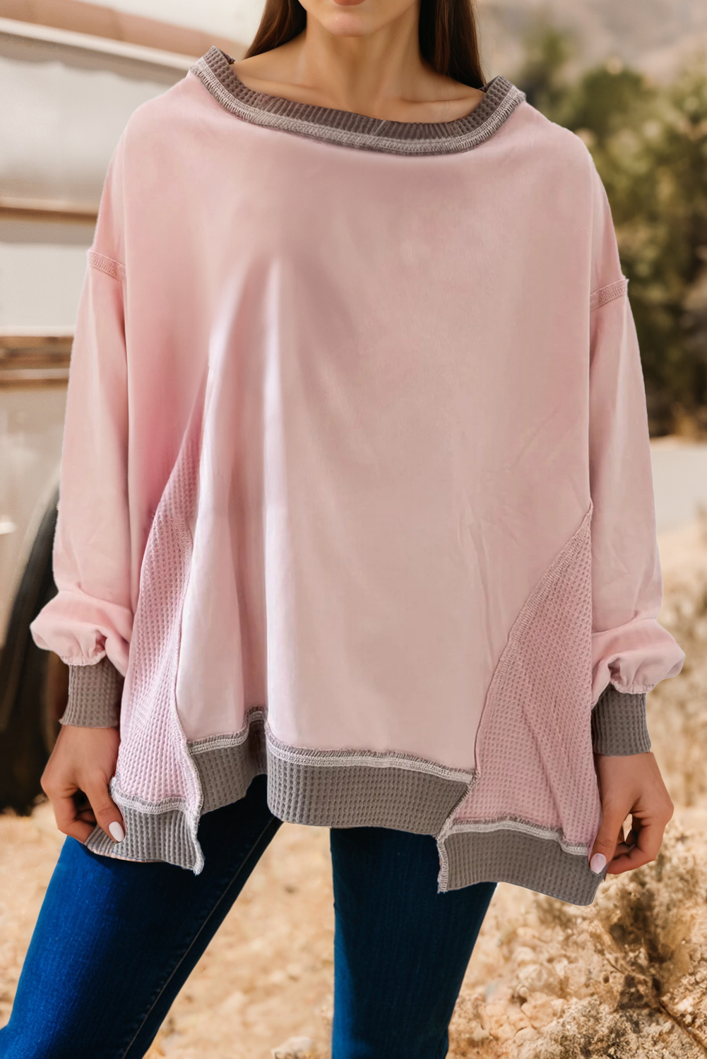 Colorblock Waffle Patched Sweatshirt