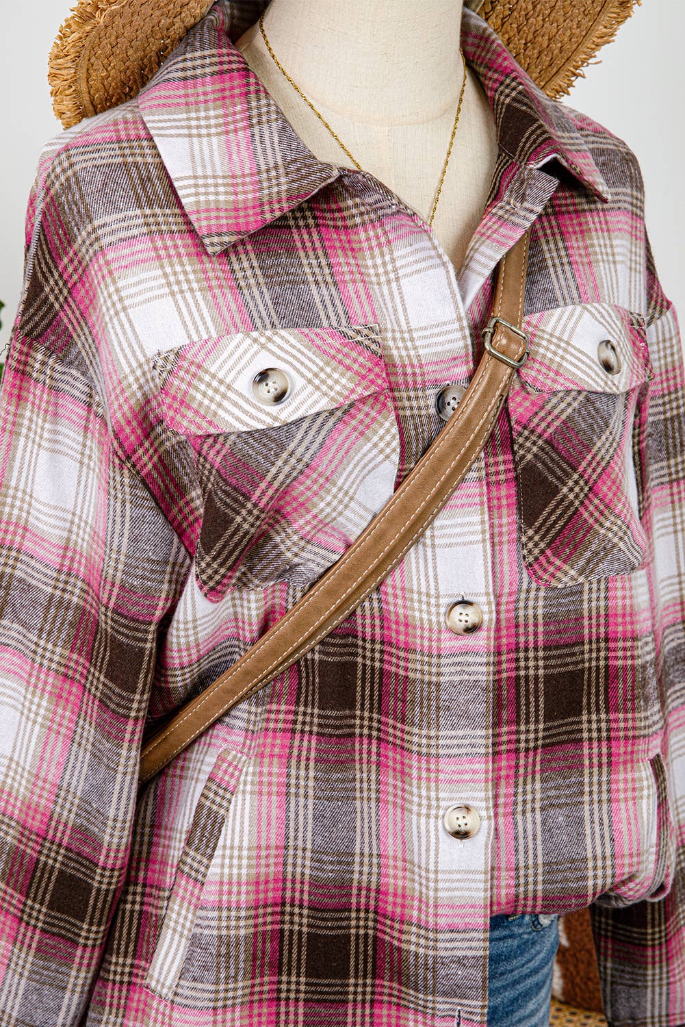 Brown pink plaid button shirt