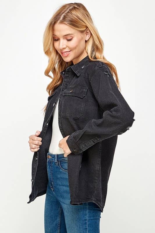 Black denim distressed jacket