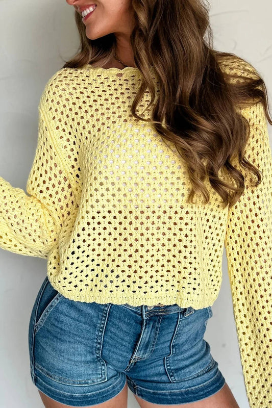 Scalloped Trim Hollow Out Knit Long Sleeve Top