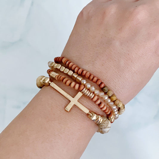 Cross Stone And Wooden Beads Bracelet
