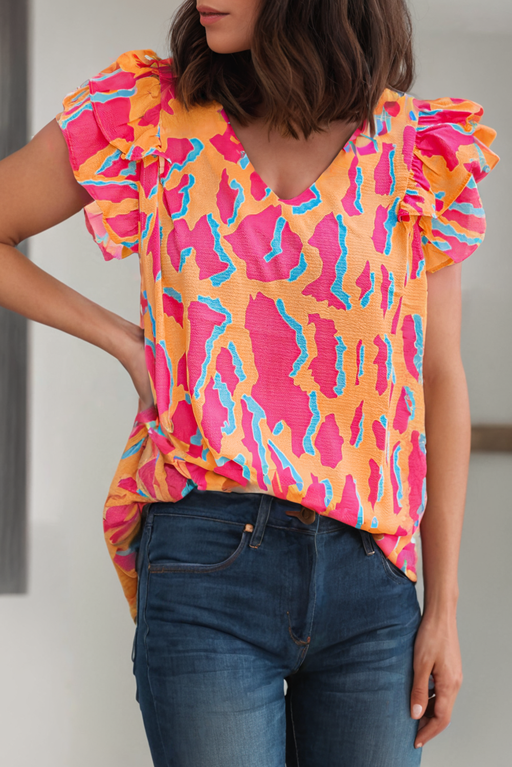 Abstract Print Ruffled Sleeve Blouse