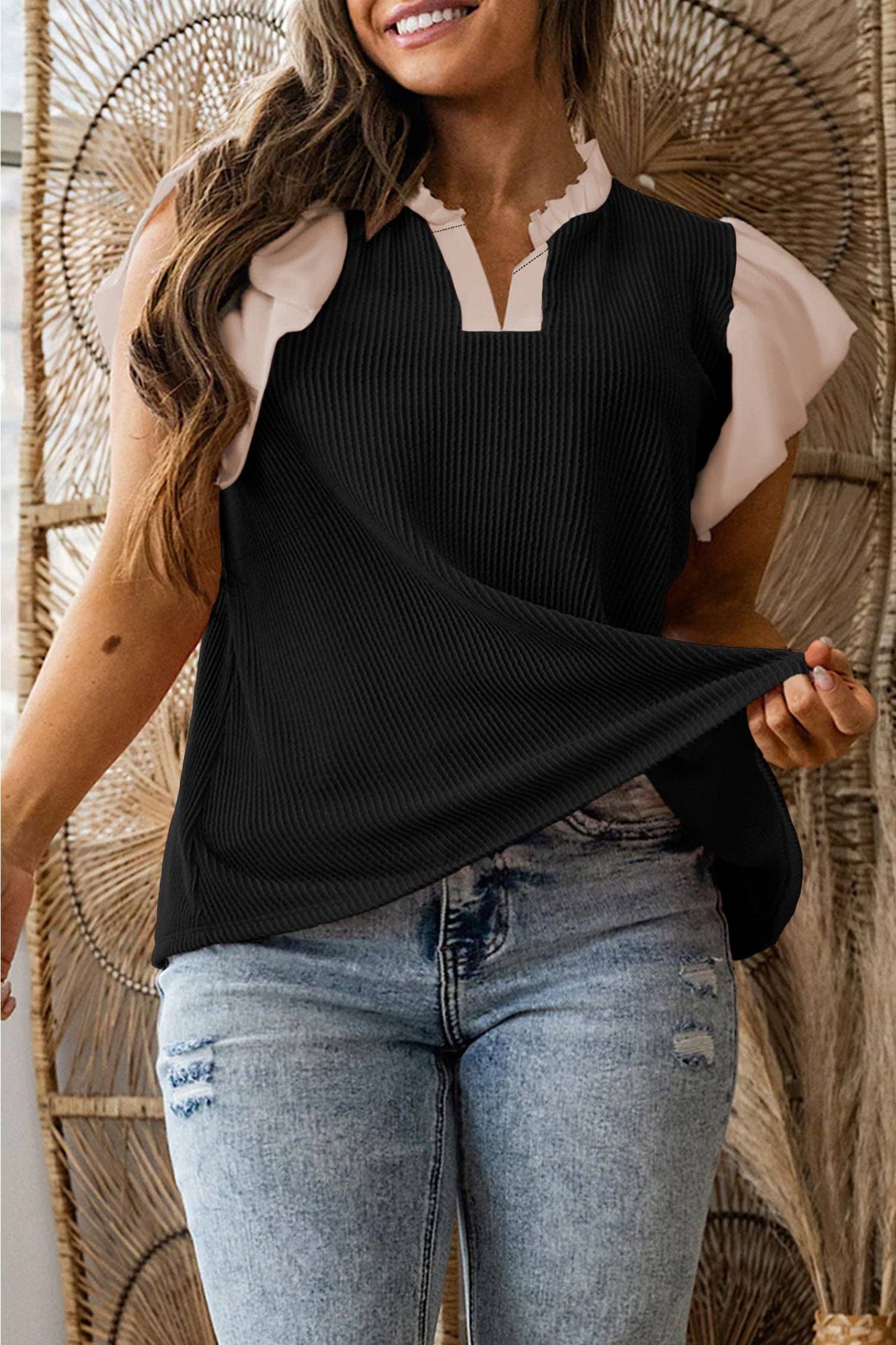 Mauve Frilled Neckline Ruffled Sleeve Plus