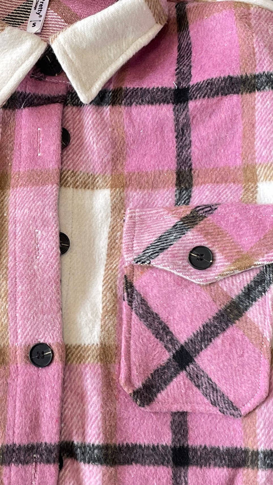 Plaid Button Down Shirt Jacket Shacket pink/black/white