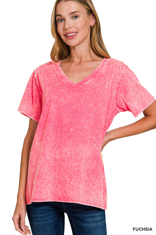 Zenana acid wash v-neck tee