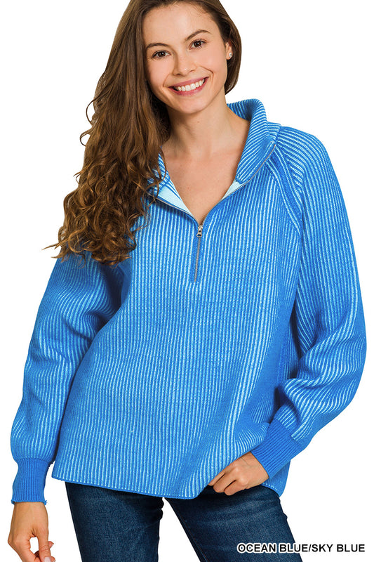 Zenana blue two toned ribbed sweater