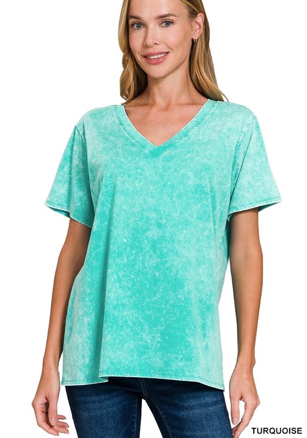Zenana acid wash v-neck tee