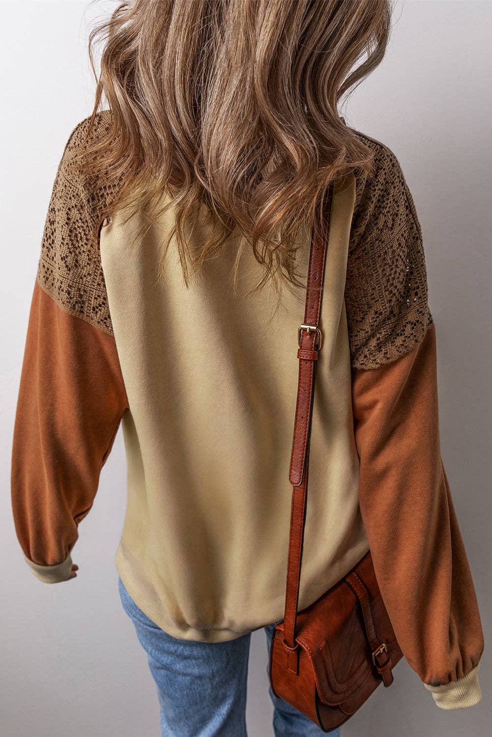 Khaki Lace Patchwork Colorblock Sweatshirt