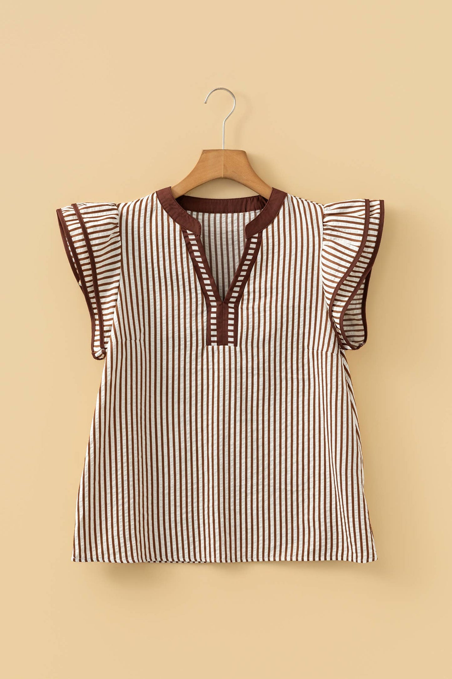 Brown Stripe Ruffled Short Sleeve