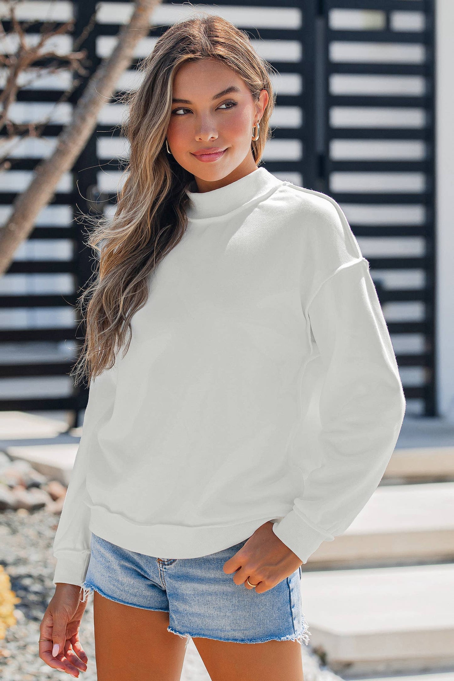 Oversize Drop Shoulder Reversible Mock Neck Sweatshirt S-4X