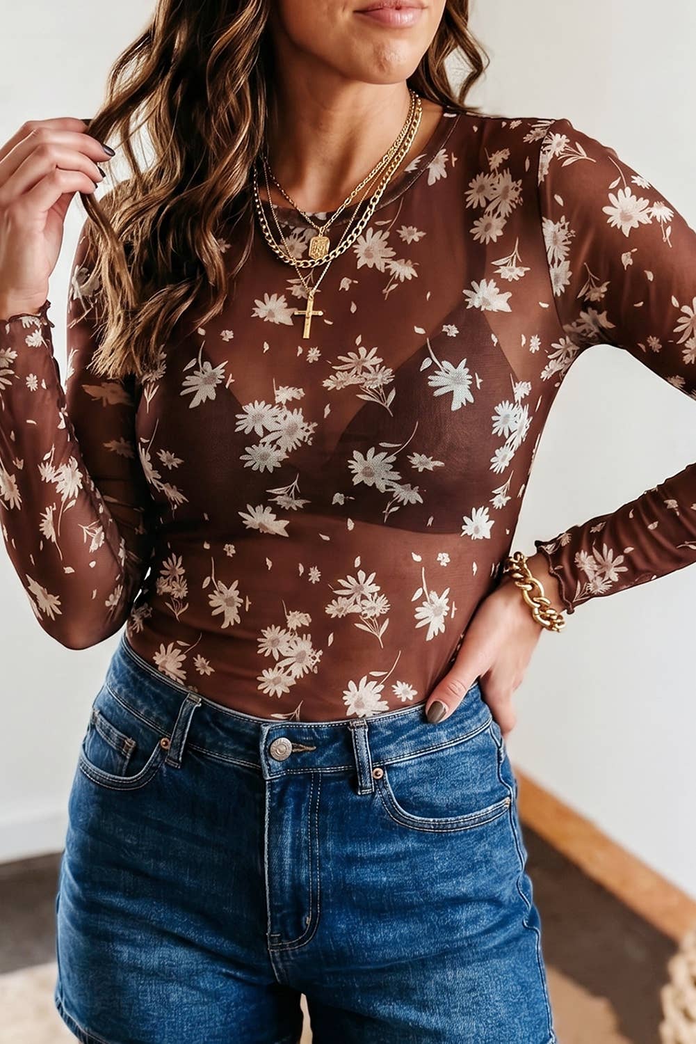 Floral Print Sheer Mesh Top