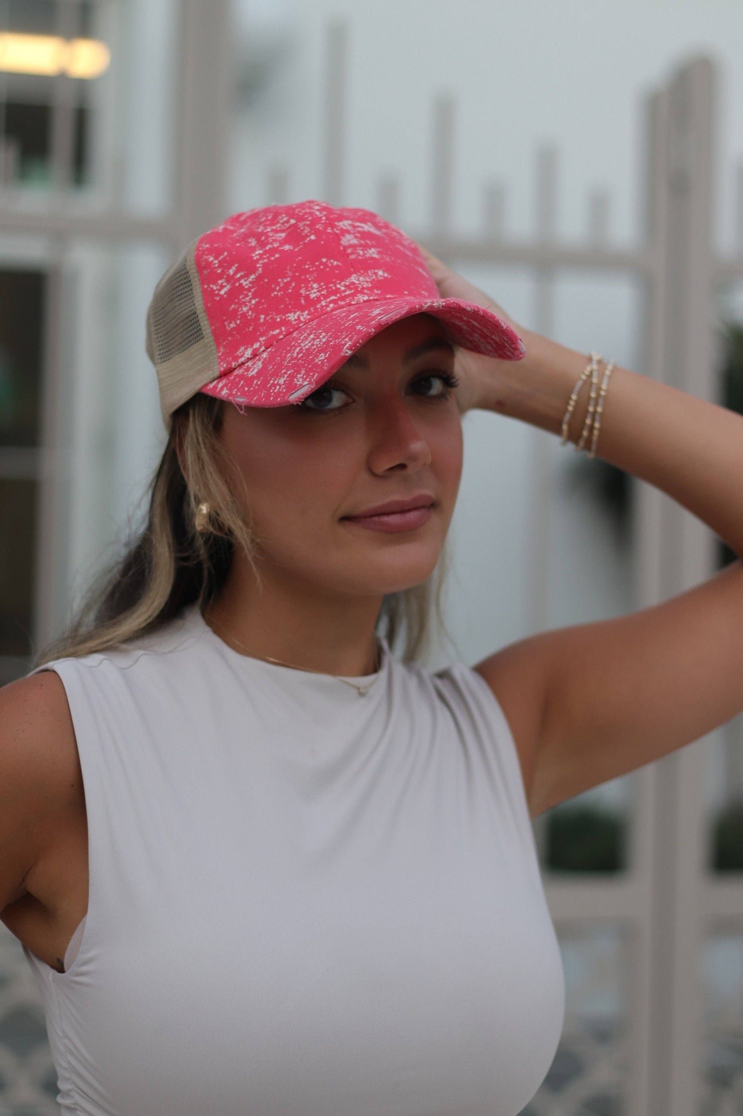 Coral Spatter Hat with Beige Mesh