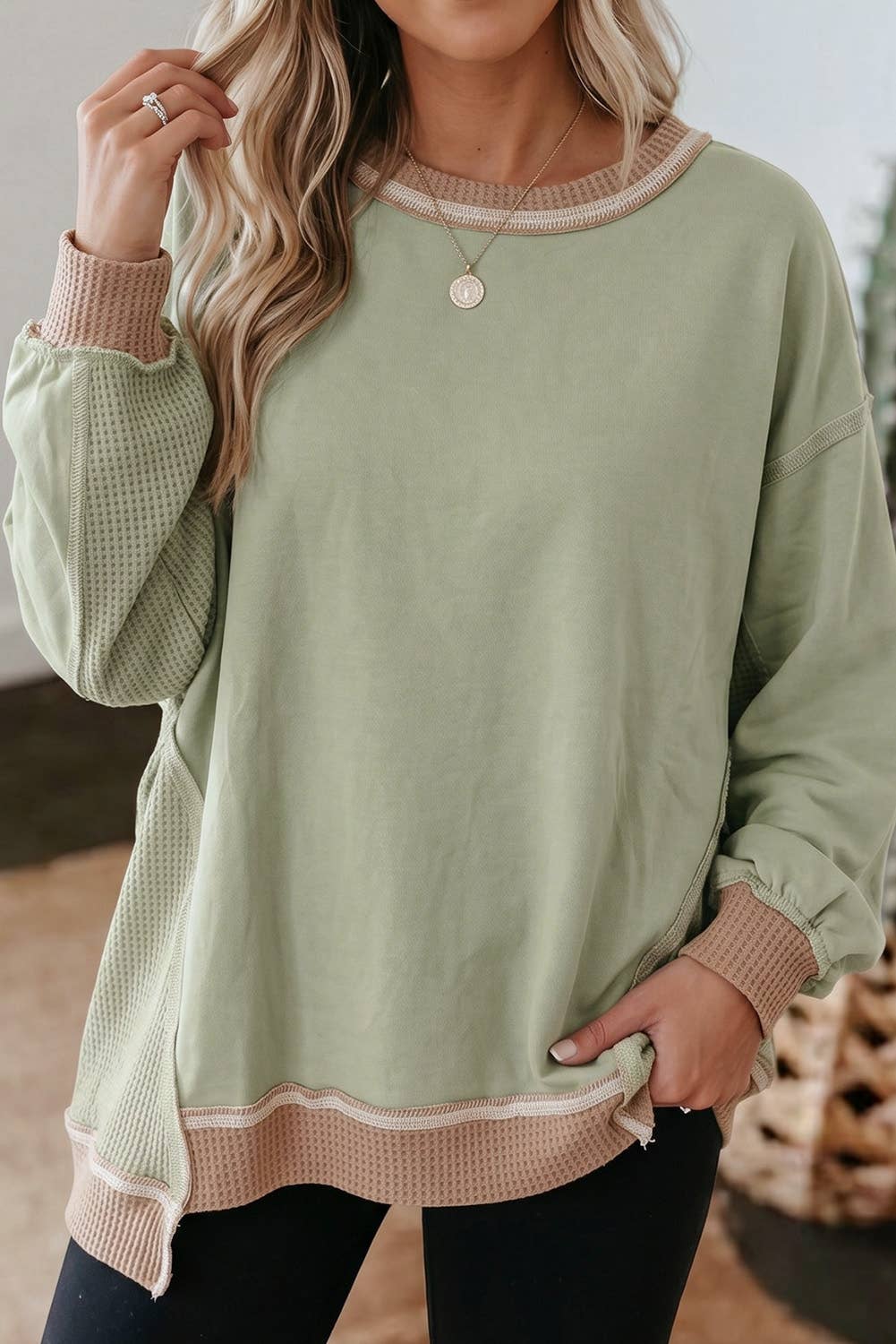 Colorblock Waffle Patched Sweatshirt