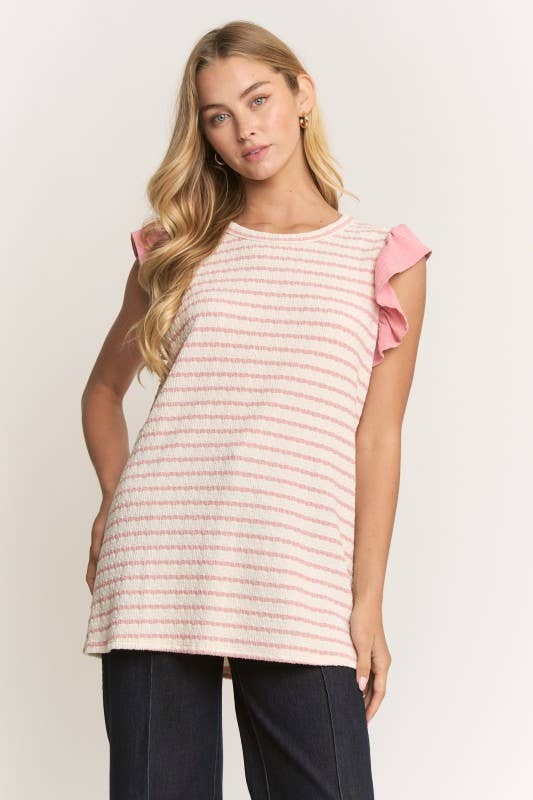 Striped ruffle sleeve top mauve