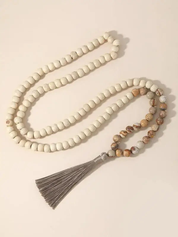 Boho Wood Bead & Tassel Necklace