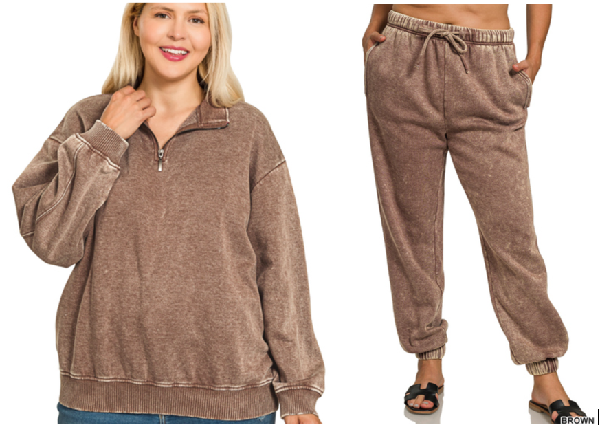 Plus acid wash fleece sweatpants and pullover set