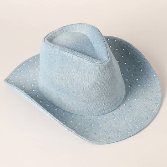 Cubic Embellished Denim Cowboy Hat