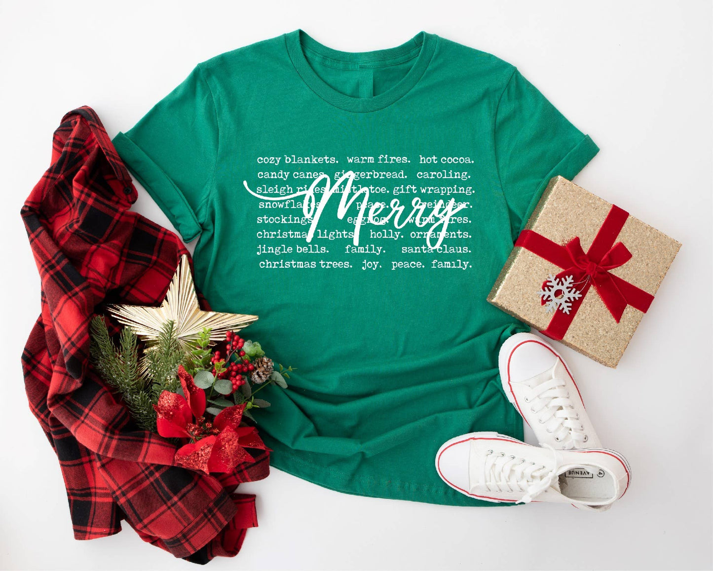 Christmas 2025 Merry Green Words bella Holiday Graphic Tee