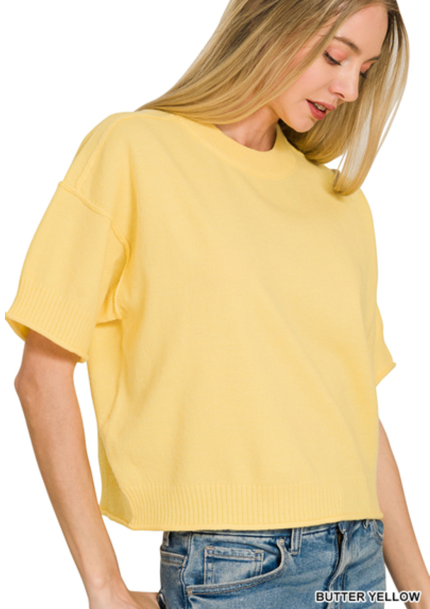 Exposed seam short sleeve crop sweater