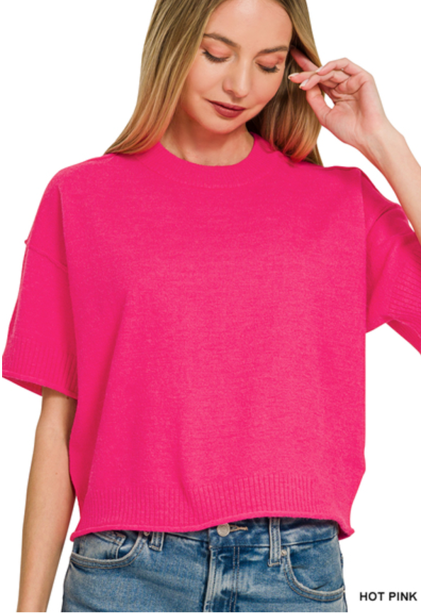 Exposed seam short sleeve crop sweater