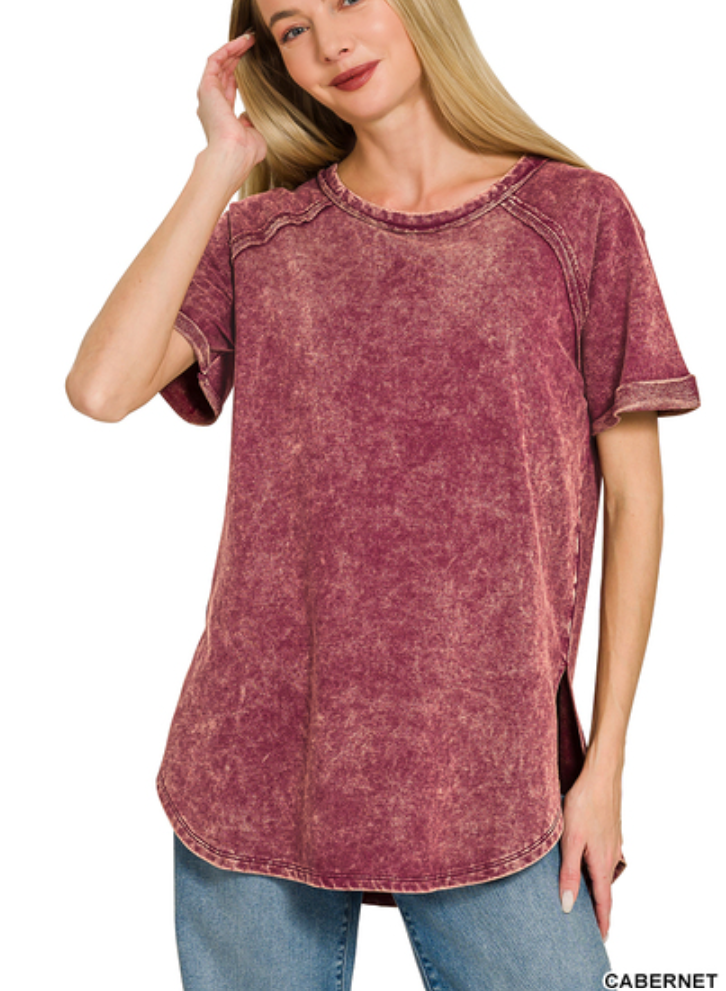 French terry acid wash short cuff sleeve pullover